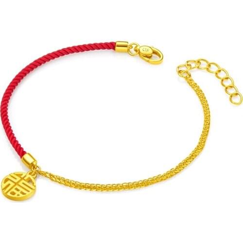 Pure 24K Yellow Gold Bracelet 999 Gold Hollow Fu Link Red String Bracelet