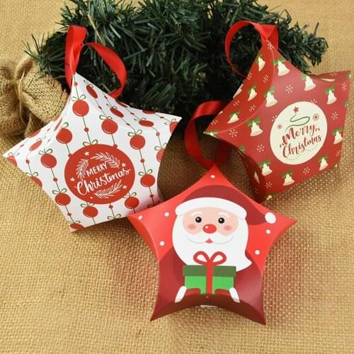5pcs Merry Christmas Candy Box Bag Star Shape Santa Claus Snowman Paper Box For Christmas Tree Hanging Decor Xmas Gift Ornaments