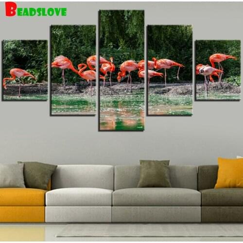 Pink Birds Posters Forest flamingo diamond painting 5 panel diamond embroidery full round square drill 5d diy mosaic wall decor