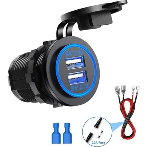 Car Motorcycle Cigarette Lighter Socket 12V-24V Waterproof USB Fast Charger Socket Power Plug Outlet LED For Marine With Wire