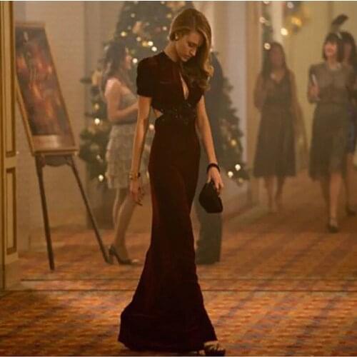 Burgundy Velvet Long Trumpet Evening Dress Short Sleeve Blake Lively Red Carpet Celebrity Prom Party Gowns Maid Of Honor Dress