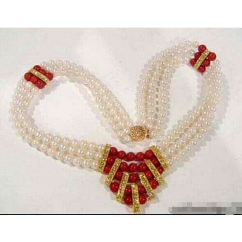 FREE SHIPPING>>>@@ > Hot sale &>>3 Rows Real White Pearl Red Coral 18KGP Crystal Clasp Necklace