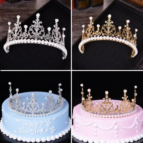 Shining Mini Crown Cake Topper Metal Pearl Happy Birthday Cake Toppers Wedding&Engagement Cake Decora Sweet 16 Party Decorations