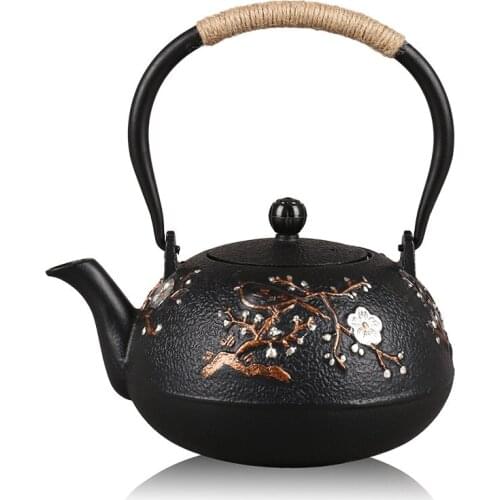 Cast Iron Tea Pot Japanese Teapot Tetsubin Kettle Drinkware KungFu Tools Stainless Steel Strainer Plum blossom Tea Kettle 1.2L