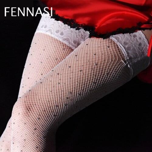 FENNASI Big Size Fishnet Stockings Sexy Women With Rhinestones White Black Hollow Temptation Thigh High Socks