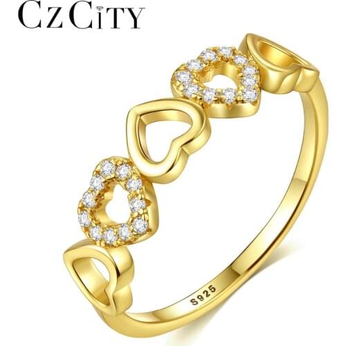 CZCITY New Gold Plated 925 Sterling Silver Cute Heart Love Finger Rings for Female Tiny CZ Stone Trendy Wedding Ring Bijoux Gift