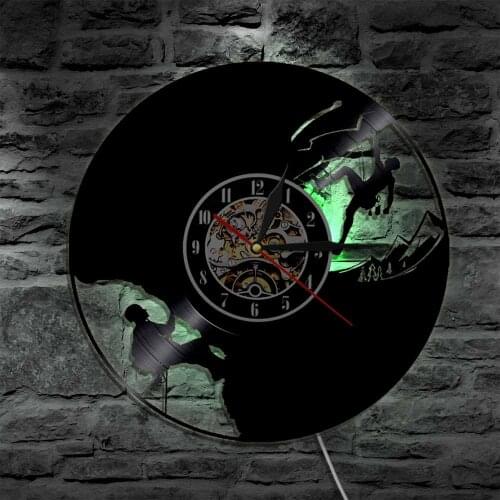 Rock Climbing Silhouette LED Wall Lamp Vintage Vinyl Record Wall Clock Mountain Climbing Extreme Sport Wall Watch LED Night Lamp