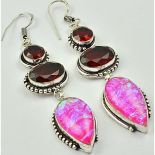 Dichroic Glass & Garnets , Silver Overlay on Copper Earrings, 75 mm , E2369
