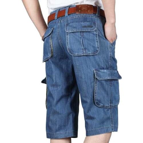 Summer New Brand Mens Jeans Denim Shorts Cotton Cargo Shorts Big Pocket Loose Baggy Wide Leg Embroidery Bermuda Beach Boardshort