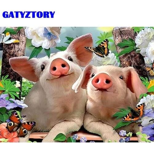 GATYZTORY DIY Paint By Number Little Pig Animal Hand Painted Art Drawing On Canvas Flower Gift Pictures By Numbers Kits Home Dec