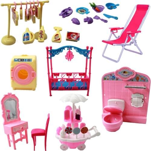 Mix Doll Toy Mini Mirror Bed Table Kitchen Cart Dinner Chair For Barbie Accessories for Kelly Tableware DIY Play house Furniture