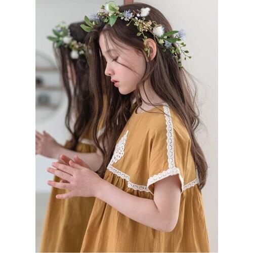 Korean Girls Summer Yellow Dresses Short Sleeve Cotton Linen Sisters Clothes