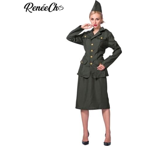 Reneecho Women Costume WW2 Army Girl Costume Halloween Costume For Adult Military General Cosplay Sexy Wartime Officer Costume