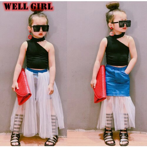Summer girls skirt baby tutu skirt kids mesh jeans children denim bottoms Ins fashion snap patch lace streetwear 2 to 10 yrs