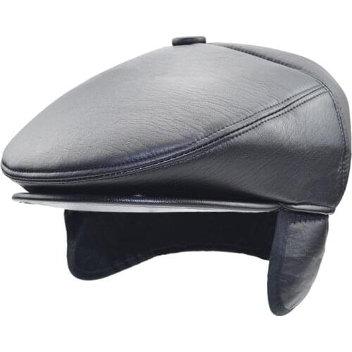 Fashion PU Leather Forwarder Beret Cap For Middle-Aged Dad Caps With Warm Ear Protectors Senior Hat Cold Winter Thick Old Man Ca