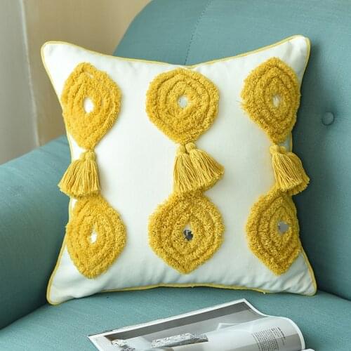 Tassels Cushion Cover Mustard Yellow Blue Grey Pillow Case Handmade Wool Plush For Sofa Couch Home Decorative Boho Style 45*45cm