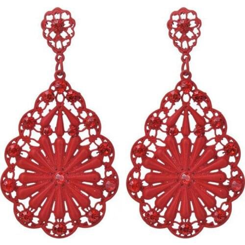 New Fashion Red Flower Crystal Red Black Statement Jewelry Earring For Women Wedding Dangle Drop Earrings Wholesale Party