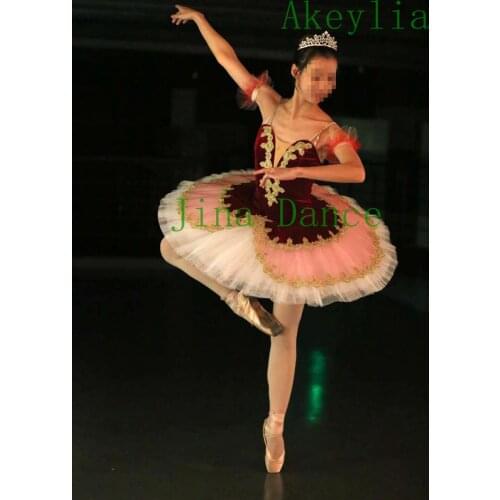 Burgundy white Velvet Professional Ballet Tutu Camisole with Gold Trim Child Ballerina Costumes Dance Dress Adult