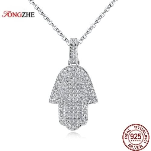 TONGZHE Lucky Hamsa Hand Pendants Necklace Real 925 Sterling Silver Pave Setting CZ Luxury Accessories Ethnic Turkey Jewelry