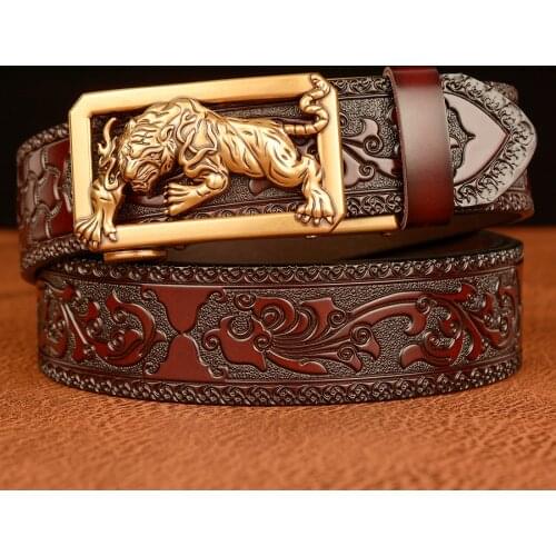 New Designer Genuine Leahter Man Belts Cow Leather Belts for Men Buckle Fancy Vintage Auto Lock Buckle Male Jeans Belts