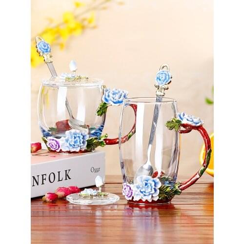 Luxury Enamel Cup Female Flower Tea Cup European Crystal Glass Cup Home Decor Cup Office Soak Cup Creative Wedding Gifts