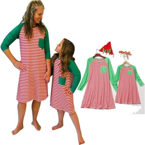 Christmas Family Dress Striped Patchwork Mommy And Me Clothes Long Sleeve Casual T-Shirt Dress With Pocket Family Look New Year