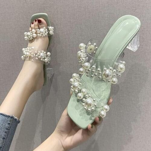 2021 Fashion Women High Heels Summer Female Transparent Square Heel Slides Sandals Ladies Pearl Sandals Women Pumps Shoes