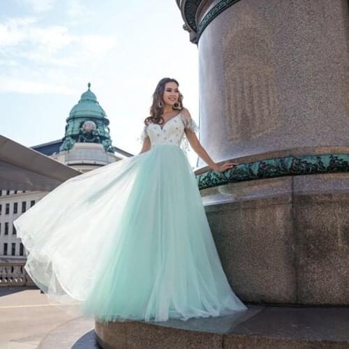 Mint Green Evening Dresses A-line Cap Sleeves Embroidery Tulle Open Back Floor Length Evening Gown Prom Dress Robe De Soiree