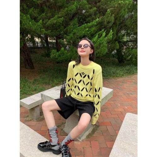 Early Spring Autumn Long-Sleeved Round Neck Blouse Knitted Sweater Design Hollow Out Lazy Style Outer Jacket