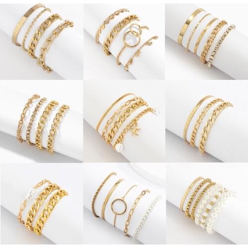 Ingemark Bohemian Gold Color Pearl Bracelets Bangles for Women Fashion Multilayer Snake Chain Bracelets Set Charm Jewelry Punk