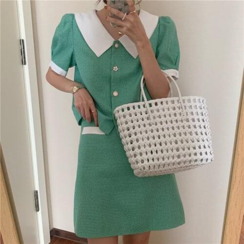 Tweed Set Women Korean Temperament Turn-down Collar Puff Short-sleeved Shirt + High Waist A-line Mini Skirts Two Piece Sets