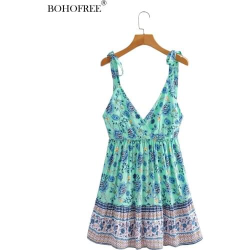 Bohemian Vacation Green Printed Short Sling Hippie Dress Sleeveless V-neck Short Casual Loose Womens Clothing