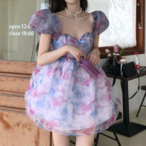 Rose veil light pink flower bubble sleeve dress french dress womens formal dresses Embroidery Lantern Sleeve