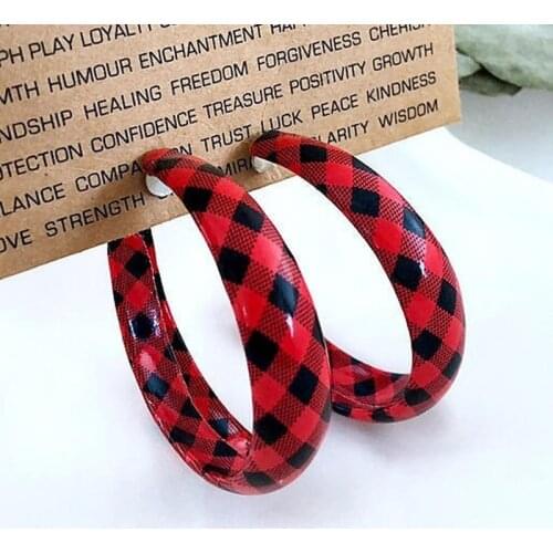 2020 Wholesale Leather Geometric Jewelry Europe and America Metal Edging Round Red Plaid Earrings