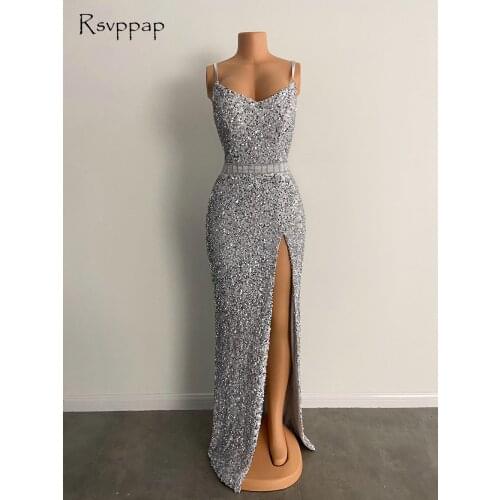 Sparkly Long Sexy Evening Dresses 2021 High Slit Simple Silver Sequined African Women Real Formal Evening Gowns
