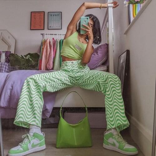 Autumn Winter Women Pants green Wave pattern Casual trousers Fashion vintage Straight Girl tide cool streetwear y2k cargo pants