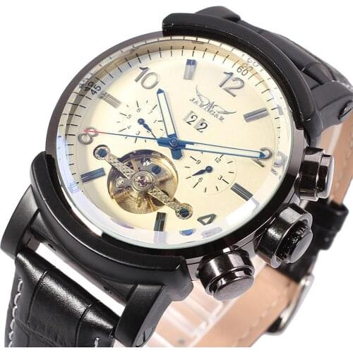 JARAGAR Black Watch Men Automatic Mechanical Watches Mens Luxury Brand Famous Leather Wristwatch Clock Men Relogio Masculino