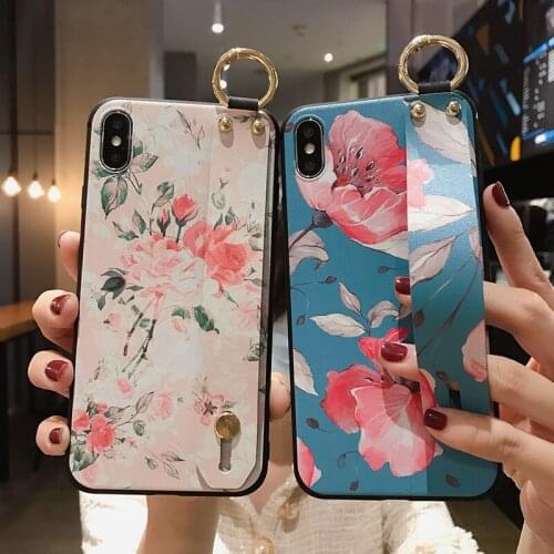 Phone Cases For iphone11 XR Case For iphone 11 12 Pro Max X Xs Max 8 7 6s Plus SE 2020 Soft TPU Floral Wrist Strap Holder Cover