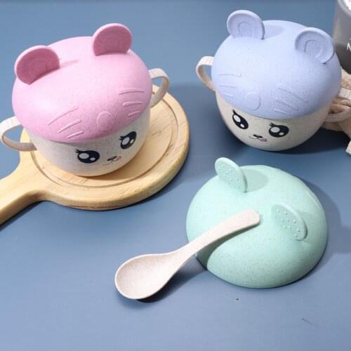 Childrens Bowl Spoon Set Creative Wheat Straw +PP Silicone Tableware Set Cartoon Style Baby Food Bowl