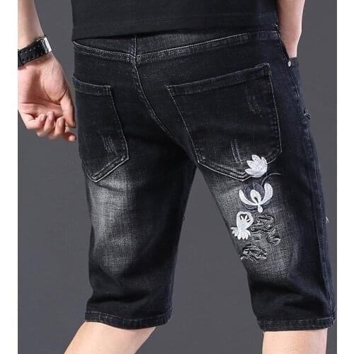 Summer Mens Hole Ripped Embroidery Jeans Knee Length Slim Fit Stretchy Short Trousers Male Casual Streetwear Washed Denim Shorts