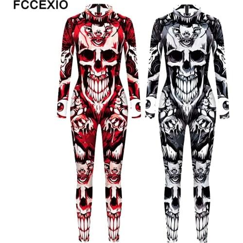 FCCEXIO 2 Colors Scary Skull 3D Print Sexy Bodysuits Women Plus Size Long Sleeve Cosplay New Party Tight Hallowmas Jumpsuits