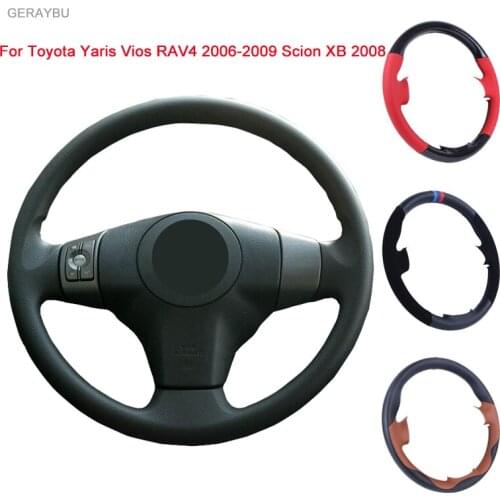 GERAYBU Custom DIY Black Artificial Leather Hand-sewn Car Steering Wheel Cover ForToyota Yaris Vios RAV4 2006-2009 Scion XB 2008