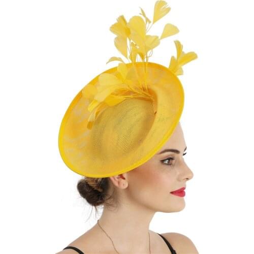 Bride Wedding Headpiece Yellow Fascinator Hats With Fancy Feather Hair Accessories Cocktail Derby Headpiece With Headbands