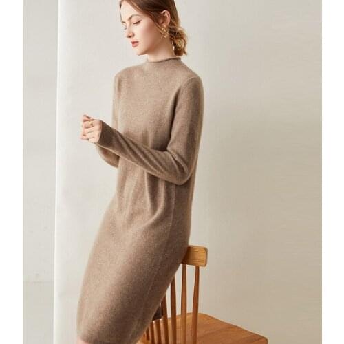 Hot Sale Women Dresses 100% Pure Goat Cashmere Knitted Jumpers Oneck Length-Knee Top Grade Soft Ladies Dress