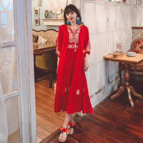 Harajuju Ethnic Retor Vintage Embroidered with Scarf Hoodie Yellow Red Cotton Linen Ruffles Empire White Women Spring Boho Dress