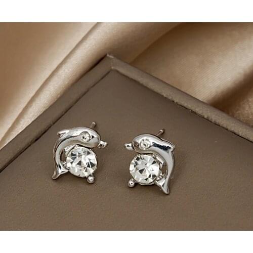 Classic Crystal Dolphin Star Heart Earrings For Women Girls Fashion Hip Hop Geometric Shaped Stud Ear Jewelry Party Gifts