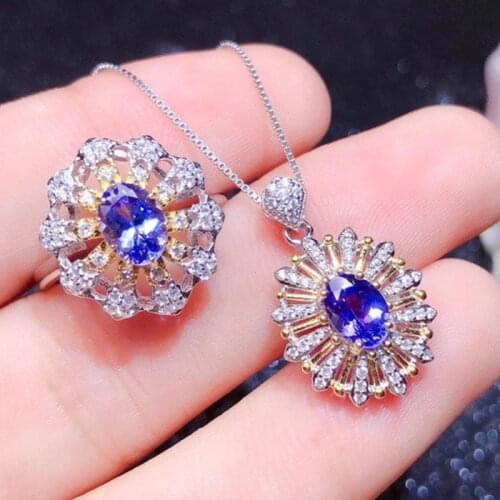 CoLife Jewelry Tanzanite Pendant Ring for Party 4mm*6mm Natural Tanzanite Jewelry Set 925 Silver Tanzanite Jewelry Gift for Wife