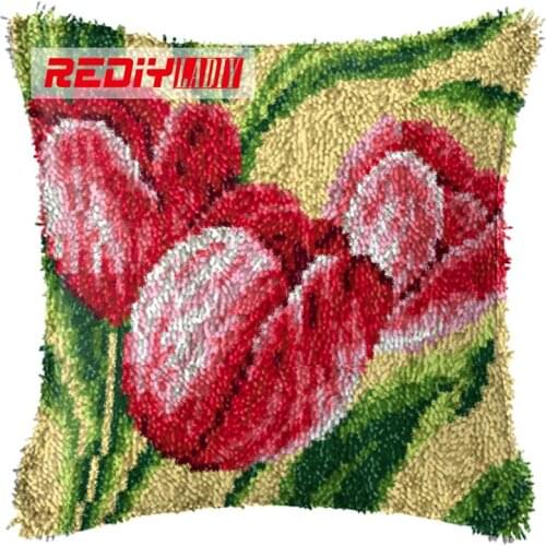 LADIY Latch Hook Cushion Yarn for Embroidery Cushion Cover Tulips Flowers Pillow Case Crochet Cushion Decorative Pillow BZ879