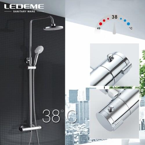 LEDEME Modern Bathroom Thermostatic Faucet Set Brass Bath Faucet Mixer Tap Waterfall Wall Shower Head Chrome Shower Tap L2411