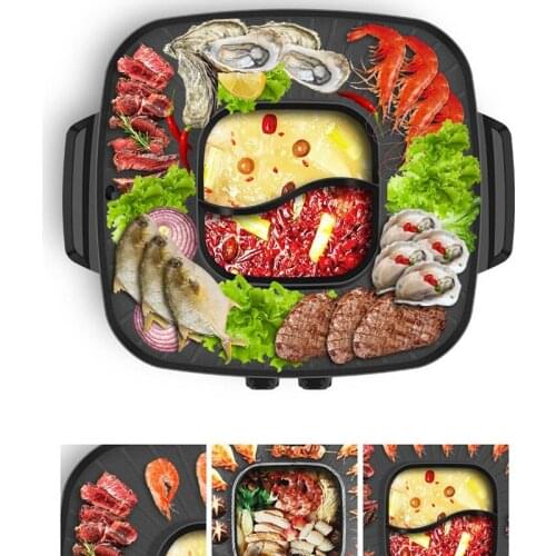 220V Multifunctional Electric Barbecue Grill Smokeless Non-stick BBQ 2 Favor Hot Pot & Grill 2 In 1 Multi Cooker EU/AU/UK/US